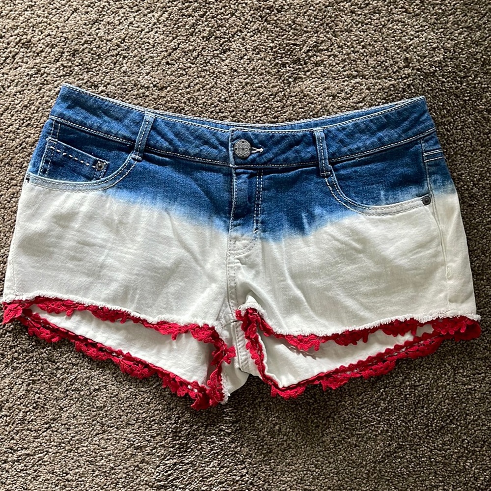 Red White & Blue Short Shorts, Adorable Red Lace & Bleached Denim Americana